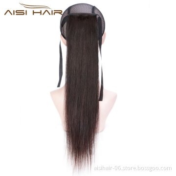 Aisi Hair 16 Inch Indian  Human Hair Ponytail Human Hair Extension Ribbon Straight Ponytail Extensions for Women